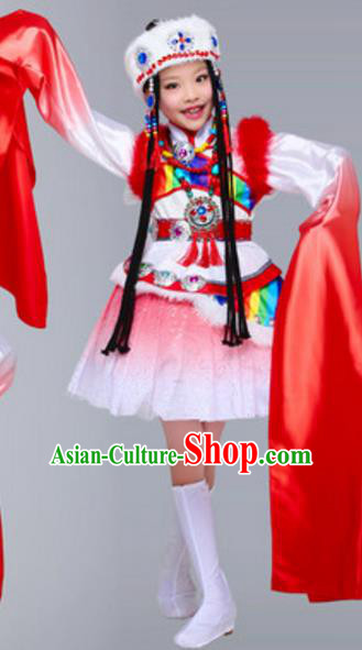 Traditional Chinese Zang Nationality Children Costume, Chinese Tibetan Ethnic Dance Dress for Kids