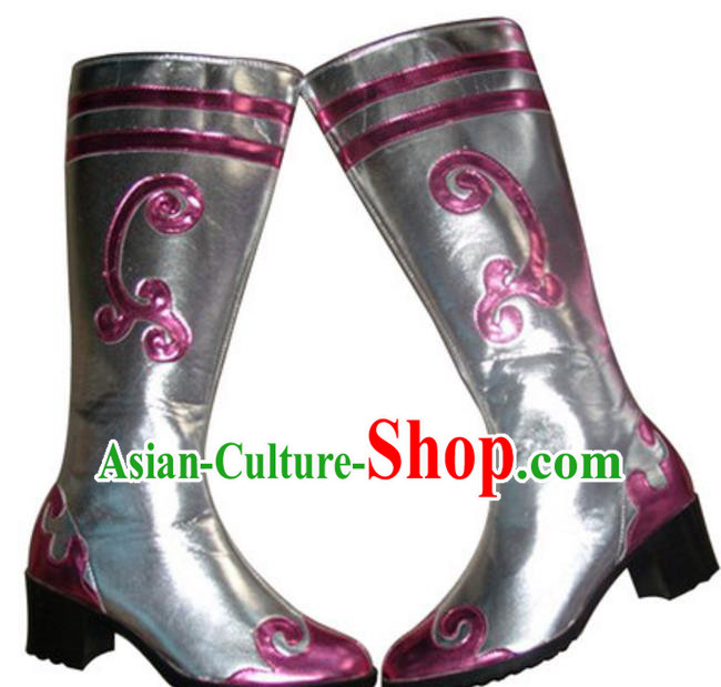 Chinese Traditional Zang Nationality Dance Shoes, Tibetan Minority Folk Dance Pink Boots for Women