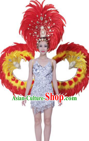 Top Grade Modern Dance Costume Stage Show Brazil Parade Giant Red Feather Wings and Headpiece for Women