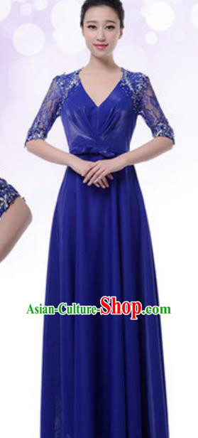 Top Grade Chorus Group Blue Full Dress, Compere Stage Performance Choir Costume for Women