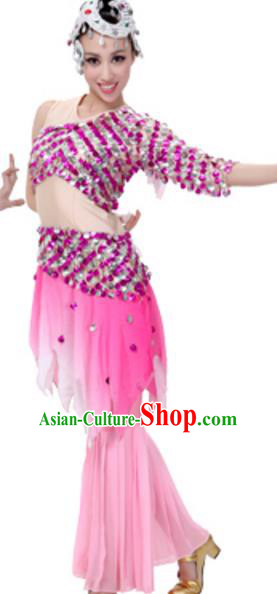 Traditional Chinese Dai Nationality Costume, Chinese Peacock Dance Ethnic Pink Dress Clothing and Headwear for Women