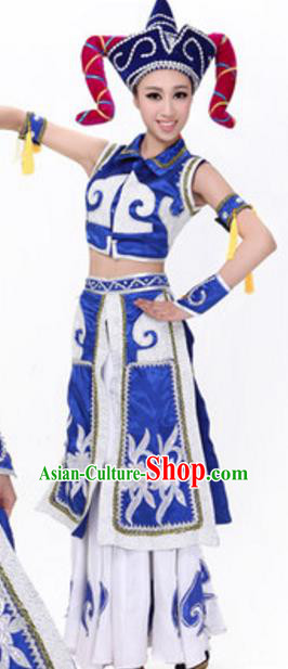 Traditional Chinese Mongols Nationality Blue Dress, Chinese Mongolian Female Ethnic Folk Dance Costume and Headwear for Women