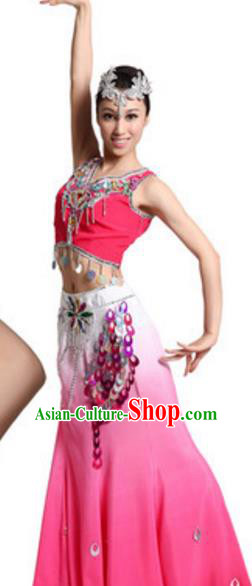 Traditional Chinese Dai Nationality Dance Dress, Chinese Dai Female Ethnic Peacock Dance Costume and Headwear for Women