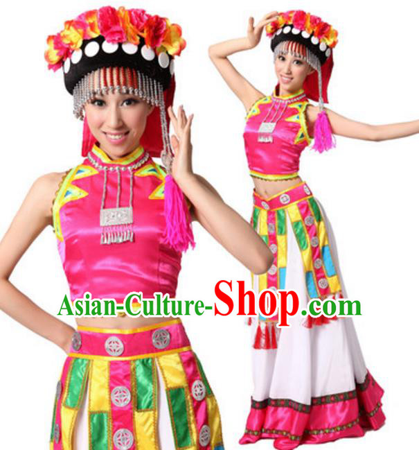 Traditional Chinese Yi Nationality Dance Dress, Chinese Female Yi Ethnic Dance Costume and Headwear for Women