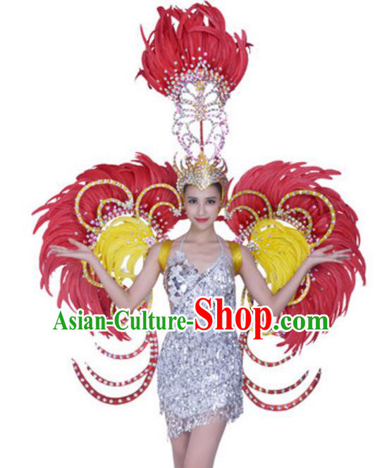 Top Grade Samba Dance Props Stage Show Brazil Parade Giant Rosy Feather Wings and Headpiece for Women