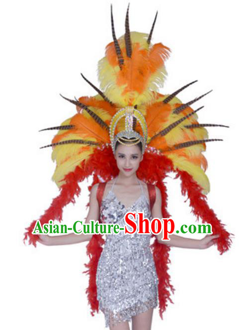 Top Grade Samba Dance Props Stage Show Brazil Parade Giant Yellow Ostrich Feather Wings and Headpiece for Women