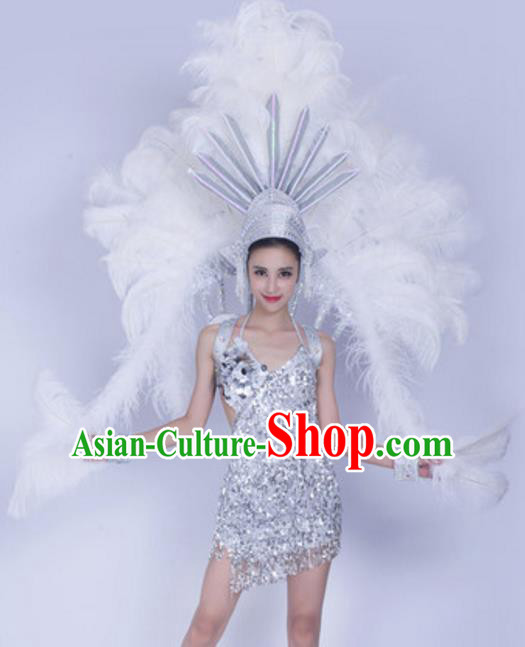 Top Grade Samba Dance Props Stage Show Brazil Parade Giant White Ostrich Feather Wings and Headpiece for Women