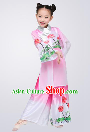 Top Grade Children Classical Dance Lotus Dance Pink Clothing, Chinese Stage Performance Folk Dance Costume for Kids