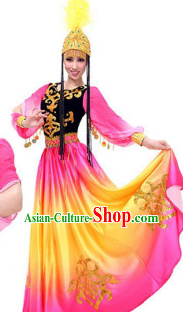 Traditional Chinese Uyghur Nationality Rosy Dress, China Uigurian Ethnic Dance Costume and Hat for Women