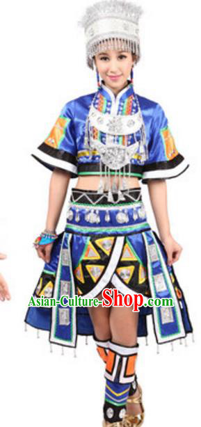 Traditional Chinese Miao Nationality Blue Pleated Skirt, Chinese Hmong Female Ethnic Folk Dance Costume and Headwear for Women