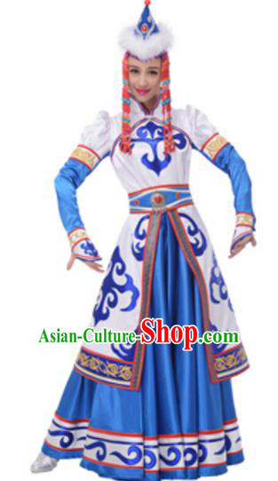 Traditional Chinese Mongolian Nationality Princess Blue Dress, China Mongols Minority Ethnic Dance Costume and Headwear for Women