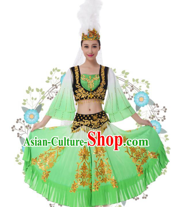 Traditional Chinese Uyghur Nationality Princess Green Dress, China Uigurian Minority Ethnic Dance Costume and Headwear for Women