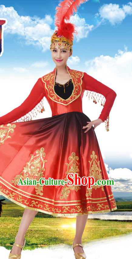 Traditional Chinese Uigurian Nationality Princess Red Dress, China Uyghur Minority Ethnic Dance Costume and Headwear for Women