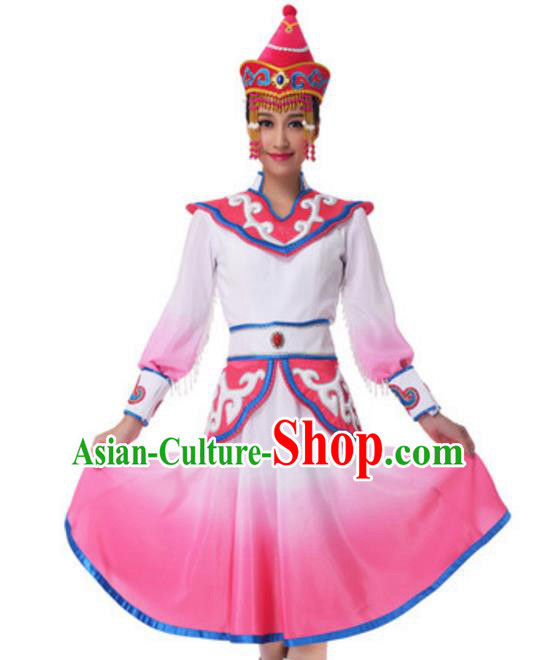 Traditional Chinese Mongol Nationality Princess Pink Dress, China Mongolian Minority Ethnic Dance Costume and Headwear for Women