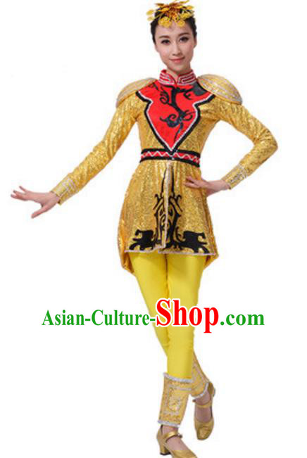 Chinese Traditional Mongol Nationality Yellow Clothing, China Mongolian Minority Drum Dance Costume and Headpiece for Women