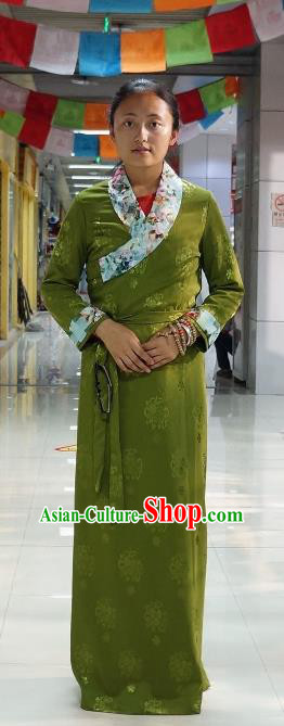 Chinese Traditional Zang Nationality Green Dress, China Tibetan Heishui Dance Costume for Women