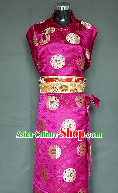 Chinese Traditional Zang Nationality Rosy Dress, China Tibetan Heishui Dance Brocade Costume for Women