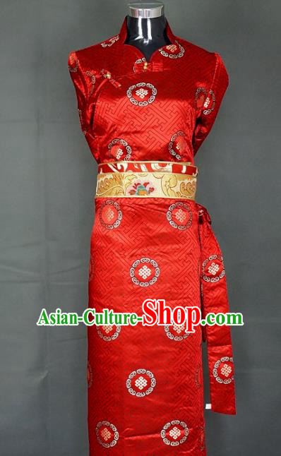 Chinese Traditional Zang Nationality Red Dress, China Tibetan Heishui Dance Brocade Costume for Women