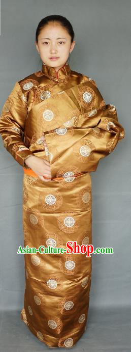 Chinese Traditional Zang Nationality Clothing Golden Tibetan Robe, China Tibetan Ethnic Heishui Dance Costume for Women