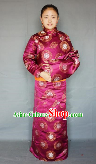 Chinese Traditional Zang Nationality Clothing Amaranth Tibetan Robe, China Tibetan Ethnic Heishui Dance Costume for Women