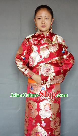 Chinese Traditional Zang Nationality Clothing Red Tibetan Robe, China Tibetan Ethnic Heishui Dance Costume for Women