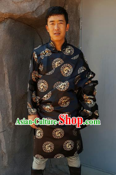 Chinese Traditional Zang Nationality Costume Black Brocade Tibetan Robe, China Tibetan Ethnic Clothing for Men