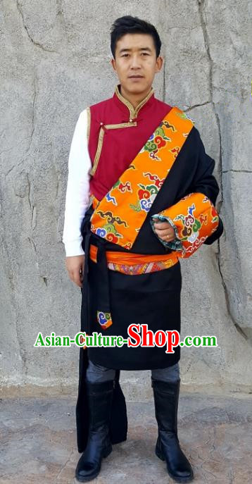 Chinese Traditional Zang Nationality Costume, China Tibetan Ethnic Black Brocade Robe for Men