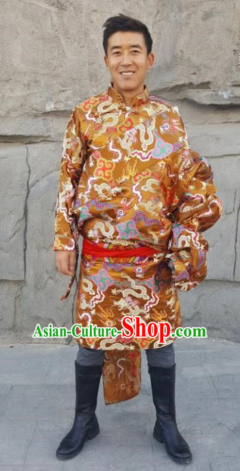 Chinese Traditional Zang Nationality Costume, China Tibetan Ethnic Golden Dragons Brocade Robe for Men