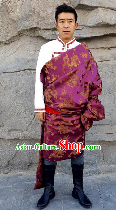 Chinese Traditional Zang Nationality Costume, China Tibetan Ethnic Purple Dragons Brocade Robe for Men