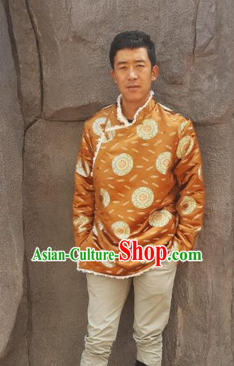 Chinese Traditional Zang Nationality Costume Golden Cotton-padded Jacket, China Tibetan Ethnic Clothing for Men