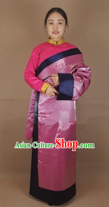 Chinese Traditional Zang Nationality Clothing Pink Silk Tibetan Robe, China Tibetan Ethnic Heishui Dance Costume for Women