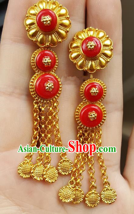 Traditional Chinese Zang Nationality Accessories Golden Earrings, China Tibetan Tassel Eardrop for Women