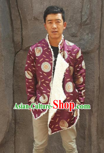 Chinese Traditional Zang Nationality Costume Purple Cotton-padded Jacket, China Tibetan Ethnic Clothing for Men