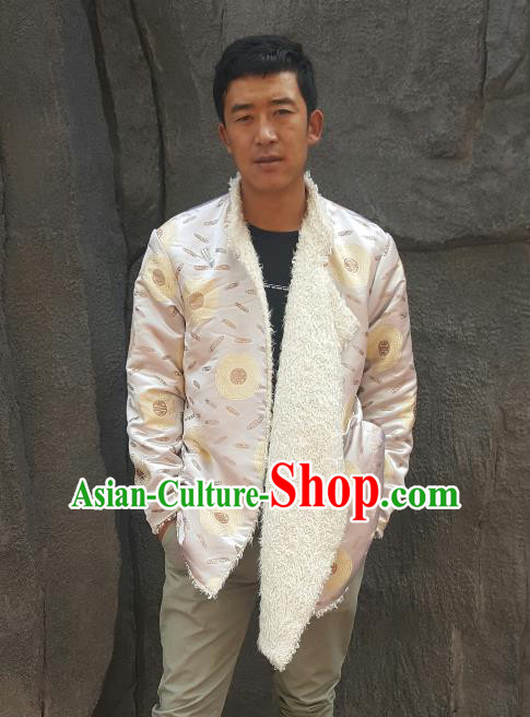 Chinese Traditional Zang Nationality Costume White Cotton-padded Jacket, China Tibetan Ethnic Clothing for Men