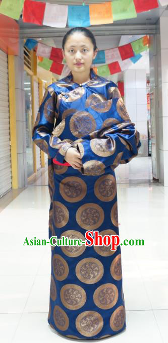 Chinese Traditional Zang Nationality Navy Dress Clothing, China Tibetan Ethnic Heishui Dance Costume for Women