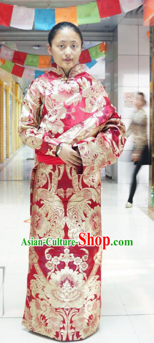 Chinese Traditional Zang Nationality Red Brocade Tibetan Robe, China Tibetan Ethnic Heishui Dance Costume for Women