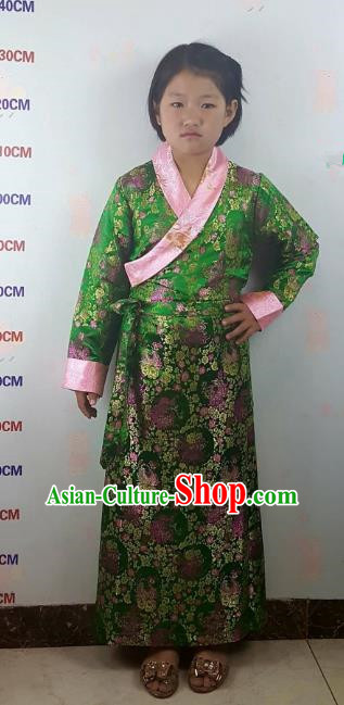 Chinese Traditional Zang Nationality Children Costume, China Tibetan Ethnic Green Brocade Dress for Kids