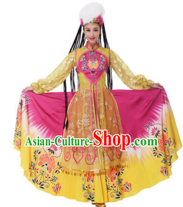 Chinese Traditional Uyghur Nationality Yellow Dress, China Uigurian Minority Ethnic Dance Costume and Headpiece for Women