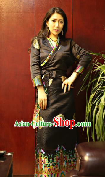 Chinese Traditional Zang Nationality Black Brocade Dress, China Tibetan Dance Costume for Women