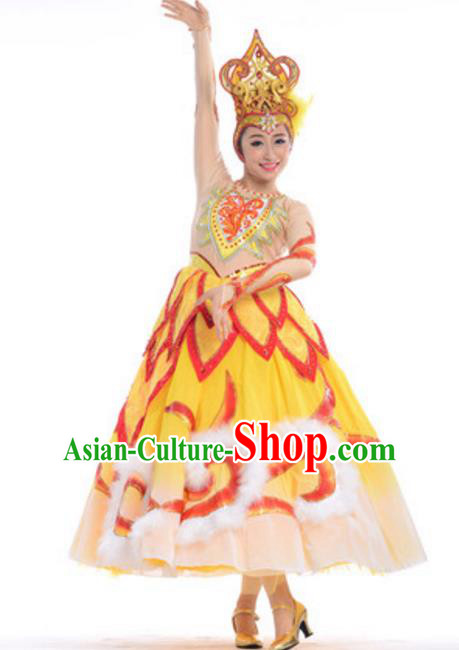 Top Grade Modern Dance Yellow Dress Stage Performance Flowers Dance Costume for Women