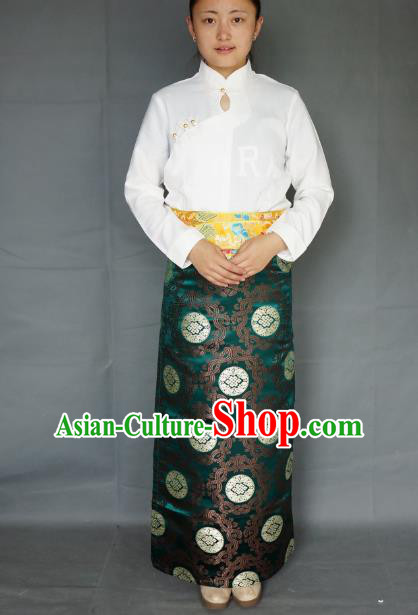 Chinese Traditional Zang Nationality Green Brocade Skirt, China Tibetan Heishui Dance Costume for Women