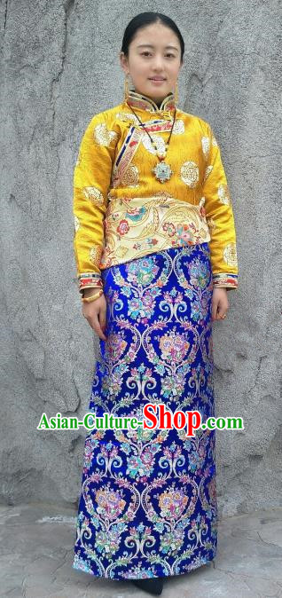 Chinese Traditional Zang Nationality Royalblue Brocade Bust Skirt, China Tibetan Heishui Dance Costume for Women