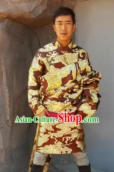 Chinese Traditional Zang Nationality Wedding Costume, China Tibetan Ethnic Embroidered Dragon Brown Tibetan Robe for Men