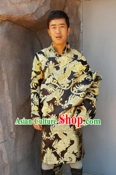 Chinese Traditional Zang Nationality Wedding Costume, China Tibetan Ethnic Embroidered Dragon Black Tibetan Robe for Men