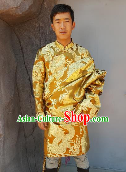 Chinese Traditional Zang Nationality Wedding Costume, China Tibetan Ethnic Embroidered Dragon Golden Tibetan Robe for Men