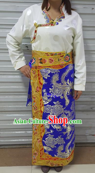 Chinese Traditional Zang Nationality Costume, China Tibetan Heishui Dance Royalblue Brocade Skirt for Women