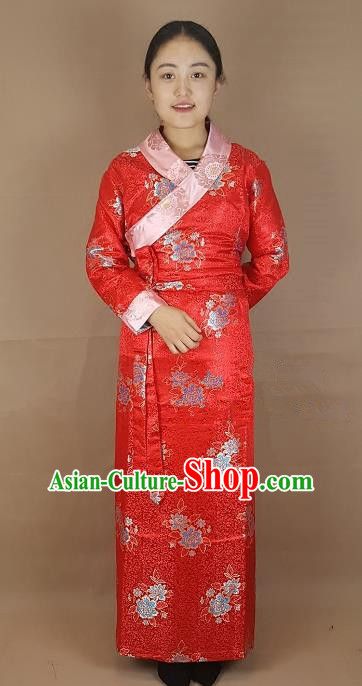 Chinese Traditional Zang Nationality Costume Red Brocade Dress, China Tibetan Heishui Dance Clothing for Women