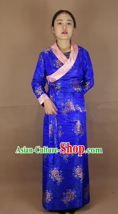 Chinese Traditional Zang Nationality Costume Royalblue Brocade Dress, China Tibetan Heishui Dance Clothing for Women