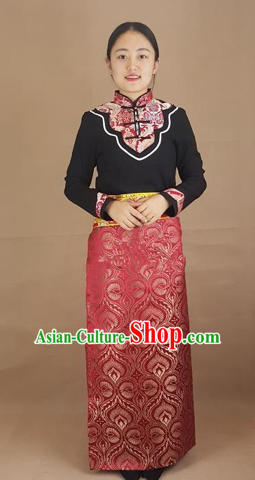 Chinese Traditional Zang Nationality Costume Brocade Bust Skirt, China Tibetan Heishui Dance Clothing for Women