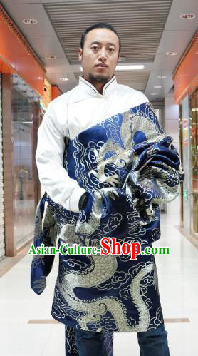 Chinese Traditional Zang Nationality Costume Blue Brocade Tibetan Robe, China Tibetan Ethnic Clothing for Men